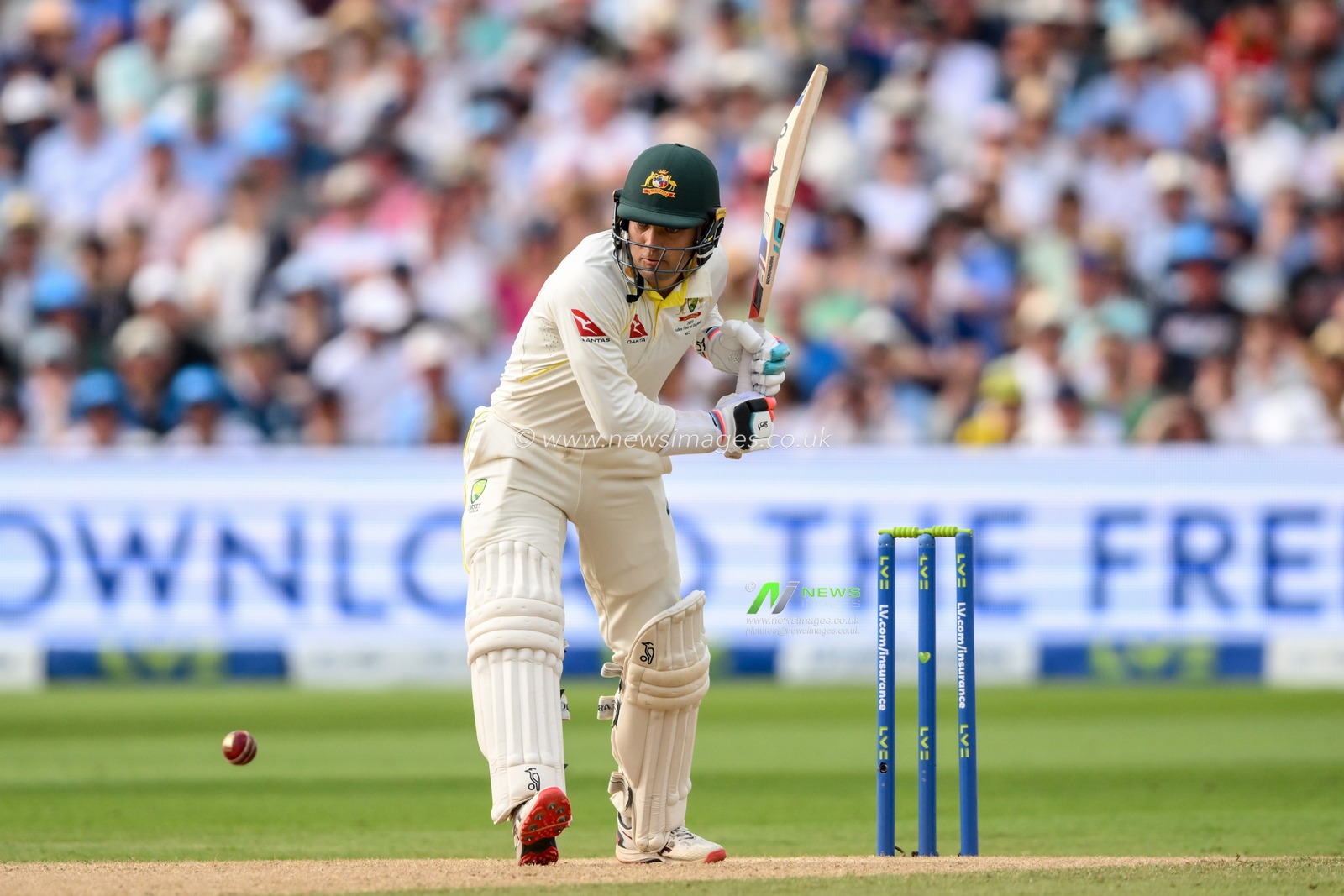 Alex Carey of Australia  receives a delivery from Stuart Broad of England during the LV= Insurance Ashes First Test Series Day 2 England v Australia at Edgbaston, Birmingham, United Kingdom, 17th June 2023

(Photo by Craig Thomas/News Images)