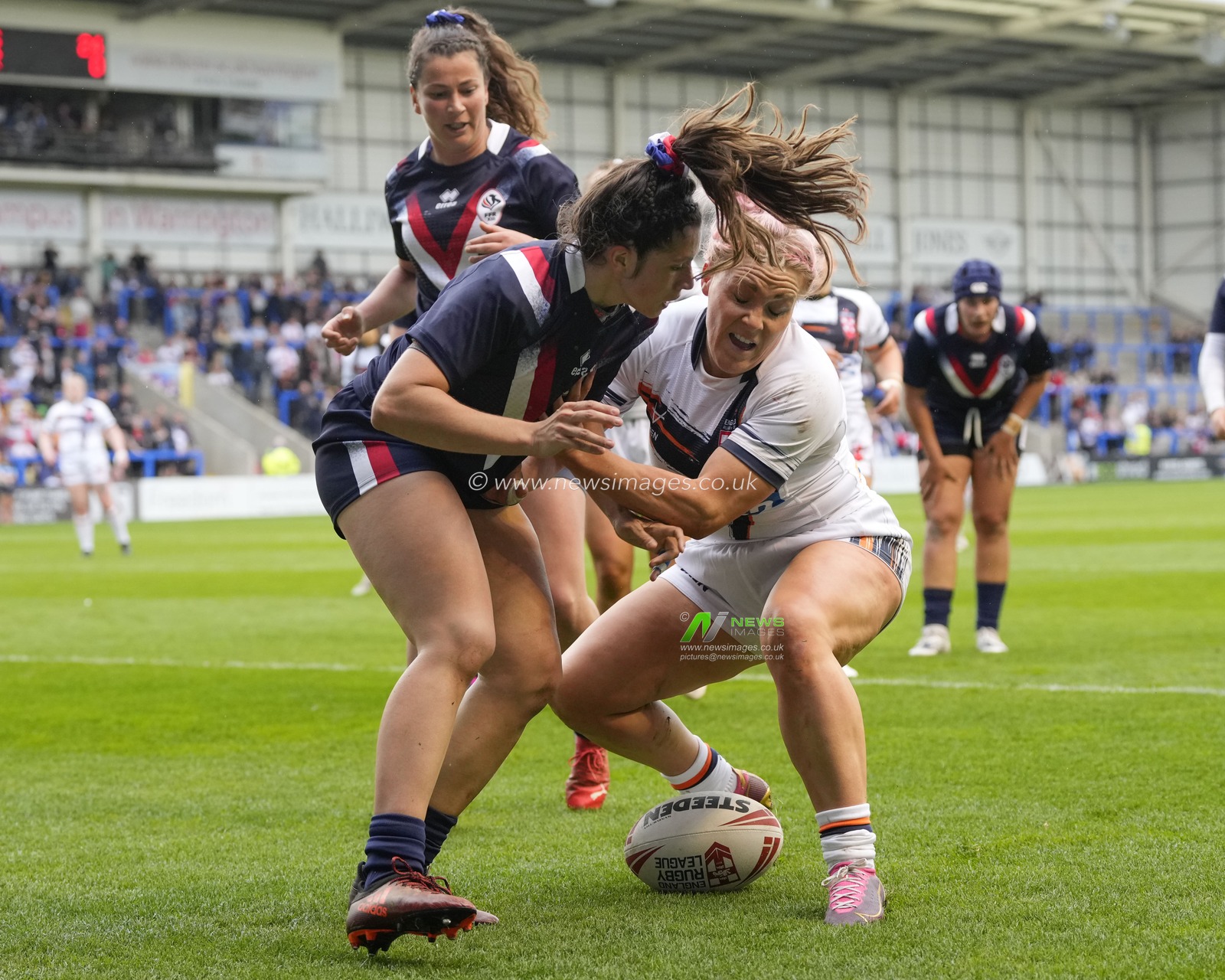 Amy Hardcastle #4 of England pressurises Perle Ramazeilles #2 of France during the Mid Season International match England Women vs France Women at Halliwell Jones Stadium, Warrington, United Kingdom, 29th April 2023

(Photo by Steve Flynn/News Images)