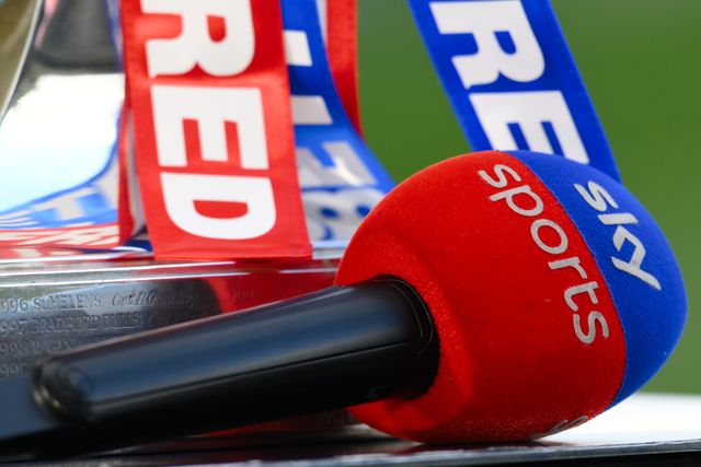 Sky Sports microphone infront of the Betfred Super League Trophy prior to the Betfred Super League play-off Eliminator 2 Warrington Wolves v St Helens at Halliwell Jones Stadium, Warrington, United Kingdom, 28th September 2024

(Photo by Ben Roberts/News Images)