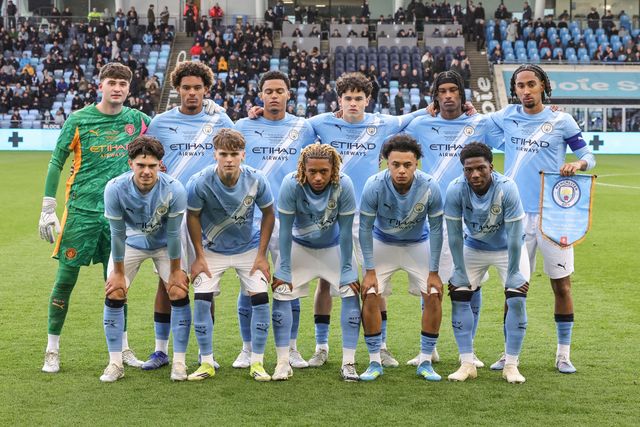 Manchester City team lineup during the FA Youth Cup Final match Manchester City U18 vs Manchester United U18 at Joie Stadium, Manchester, United Kingdom on 14 May 2026

(Photo by Mark Cosgrove/News Images)