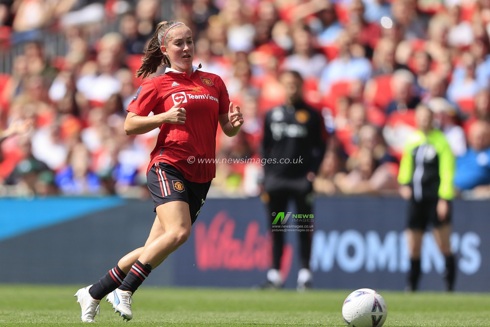 Maya Le Tissier #15 of Manchester United passes the ball during the Vitality Women's FA Cup Final match Chelsea FC Women vs Manchester United Women at Wembley Stadium, London, United Kingdom, 14th May 2023

(Photo by Conor Molloy/News Images)