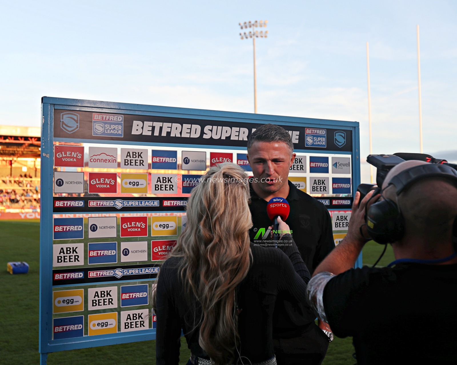 Sam Burgess, head coach of Warrington Wolves  is interviewed by Sky Sports before the Betfred Super League round 27 match Hull KR vs Warrington Wolves at Sewell Group Craven Park, Kingston upon Hull, United Kingdom, 18th September 2025(Photo by Sam Eaden/News Images)