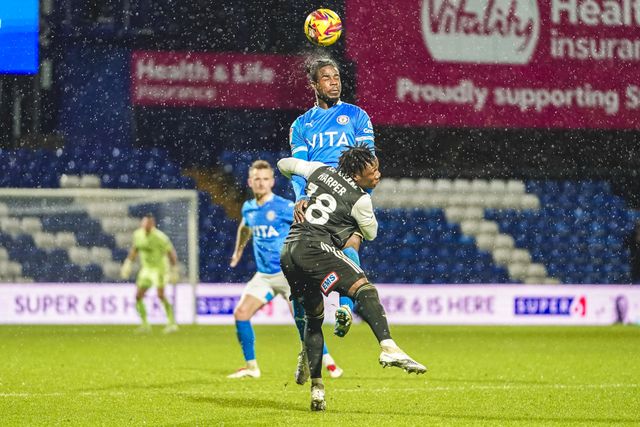 Exeter City Defender Vincent Harper & Stockport County MidfielderJay Mingi during the Sky Bet League 1 match Stockport County vs Exeter City at Edgeley Park Stadium, Stockport, United Kingdom, 7th December 2024

(Photo by James Giblin/News Images)