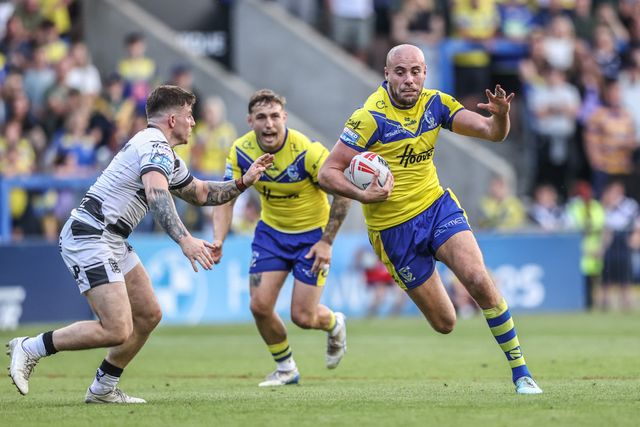 James Harrison of Warrington Wolves is tackled during the Betfred Super League round 16 match Warrington Wolves vs Hull FC at Halliwell Jones Stadium, Warrington, United Kingdom, 28th June 2025

(Photo by Alfie Cosgrove/News Images)