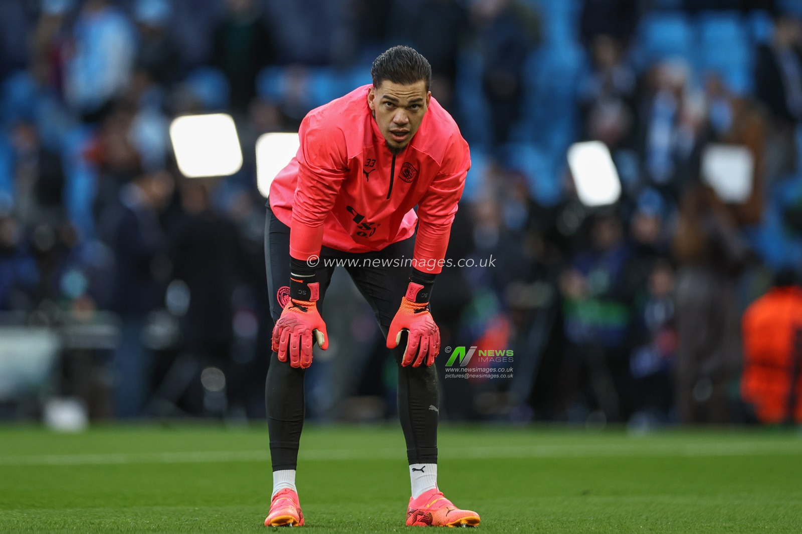Ederson of Manchester City in the pregame warmup session during the UEFA Champions League Quarter Final Manchester City vs Real Madrid at Etihad Stadium, Manchester, United Kingdom, 17th April 2024

(Photo by Mark Cosgrove/News Images)