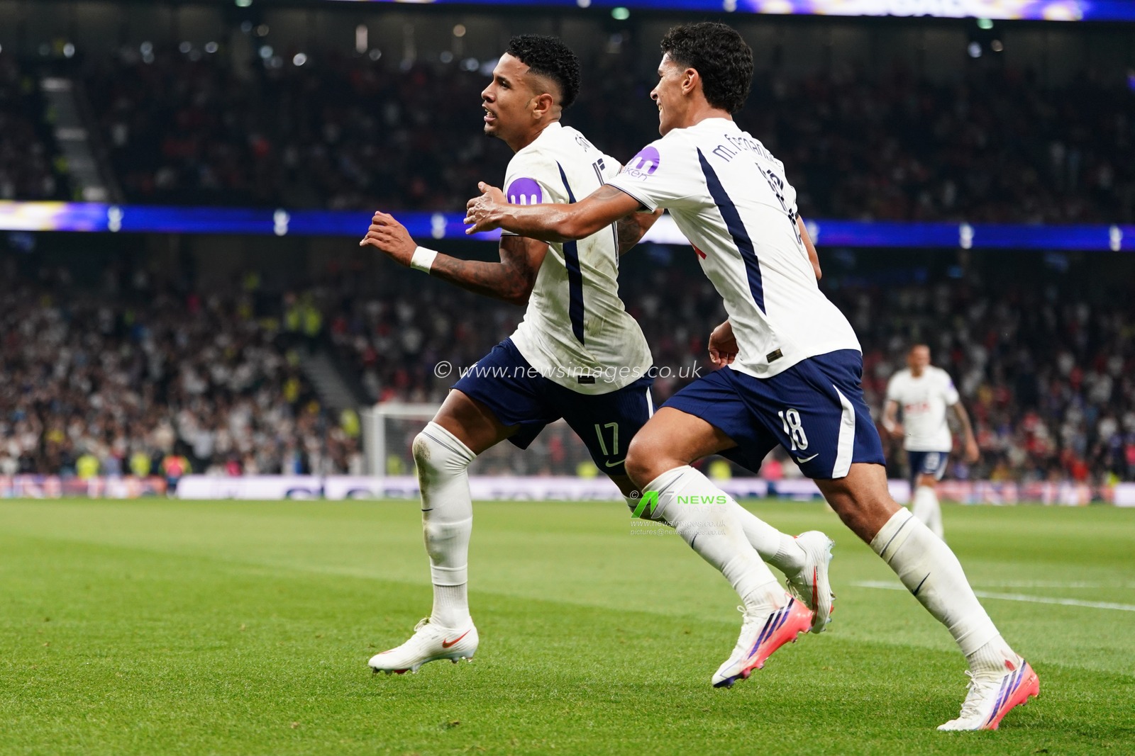 Savio of Tottenham Hotspur and Mateus Fernandes of Tottenham Hotspur celebrate goal to make it 5-0 during the Carabao Cup round 2 match Tottenham Hotspur vs Charlton Athletic at Tottenham Hotspur Stadium, London, United Kingdom on 26 August 2026

(Photo by Harvey Murphy/News Images)