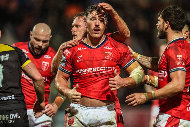 Jai Whitbread of Hull KR celebrates his try during the Betfred Super League Round 1 match York Knights vs Hull KR at LNER Community Stadium, Lincoln, United Kingdom on 12 February 2026

(Photo by Alfie Cosgrove/News Images)