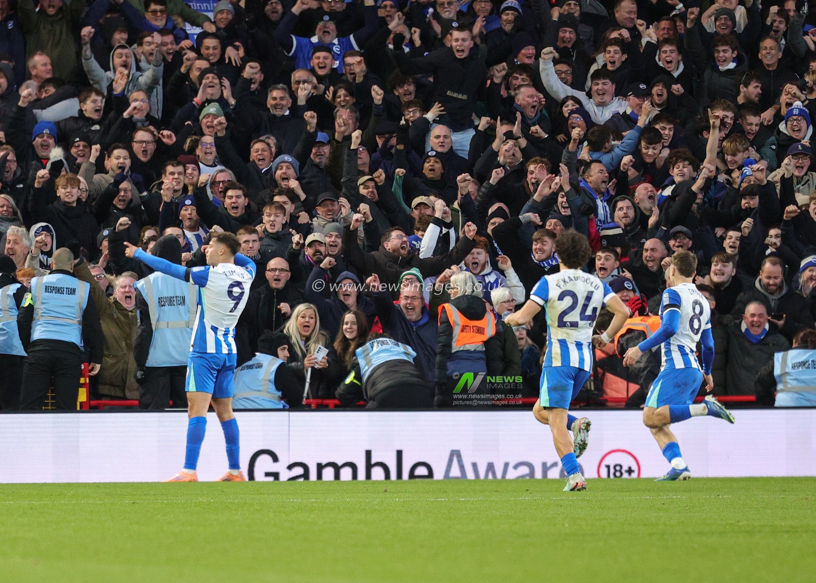 Stefanos Tzimas of Brighton & Hove Albion celebrates his goal to make it 0-2 during the Premier League match Nottingham Forest vs Brighton and Hove Albion at City Ground, Nottingham, United Kingdom, 30th November 2025

(Photo by Richard Bierton/News Images)

*** GER AUT SUI OUT ***