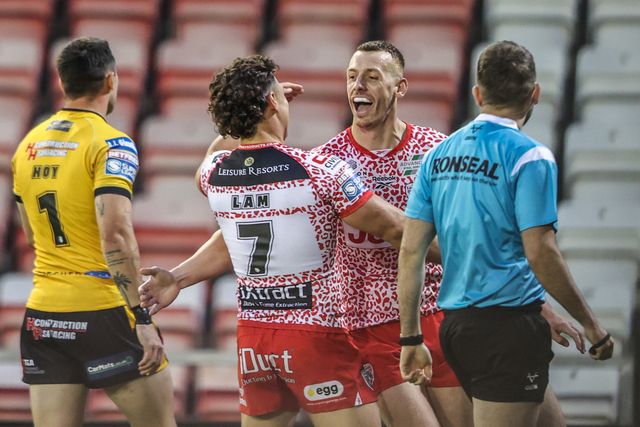 Frankie Halton of Leigh Leopards celebrates his try during the Betfred Super League round 25 match Leigh Leopards vs Castleford Tigers at Leigh Sports Village, Leigh, United Kingdom, 28th August 2025

(Photo by Alfie Cosgrove/News Images)