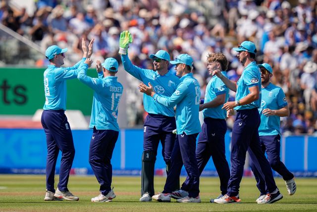 Sam Curran of England celebrates the wicket of Rohit Sharma of India during the 1st Metro Bank ODI match England vs India at Edgbaston, Birmingham, United Kingdom on 14 July 2026

(Photo by Maynard Manyowa/News Images)