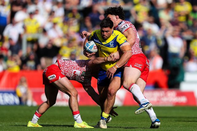 Joe Philbin of Warrington Wolves is tackled during the Betfred Challenge Cup Semi-final match Warrington Wolves vs Leigh Leopards at Totally Wicked Stadium, St Helens, United Kingdom, 11th May 2025

(Photo by Gareth Evans/News Images)