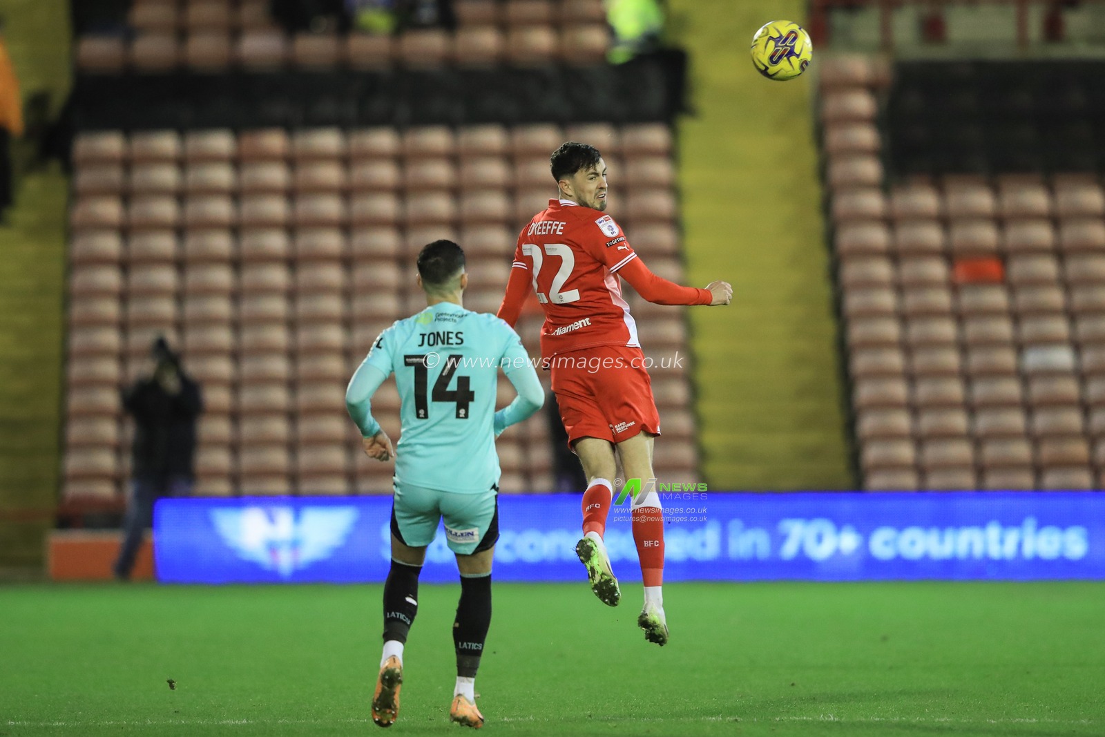 Corey O'Keeffe of Barnsley heads the ball during the Sky Bet League 1 match Barnsley vs Wigan Athletic at Oakwell, Barnsley, United Kingdom, 1st January 2024

(Photo by Alfie Cosgrove/News Images)