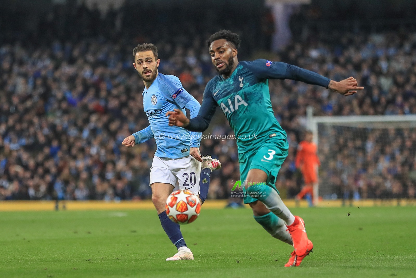 17th April 2019 , Etihad Stadium, Manchester, England; UEFA Champions League, Quarter Final, Second Leg, Manchester City v Tottenham ; Danny Rose (03) of Tottenham makes a break as Bernardo Silva (20) of Manchester City gives chase 


Credit: Mark Cosgrove/News Images