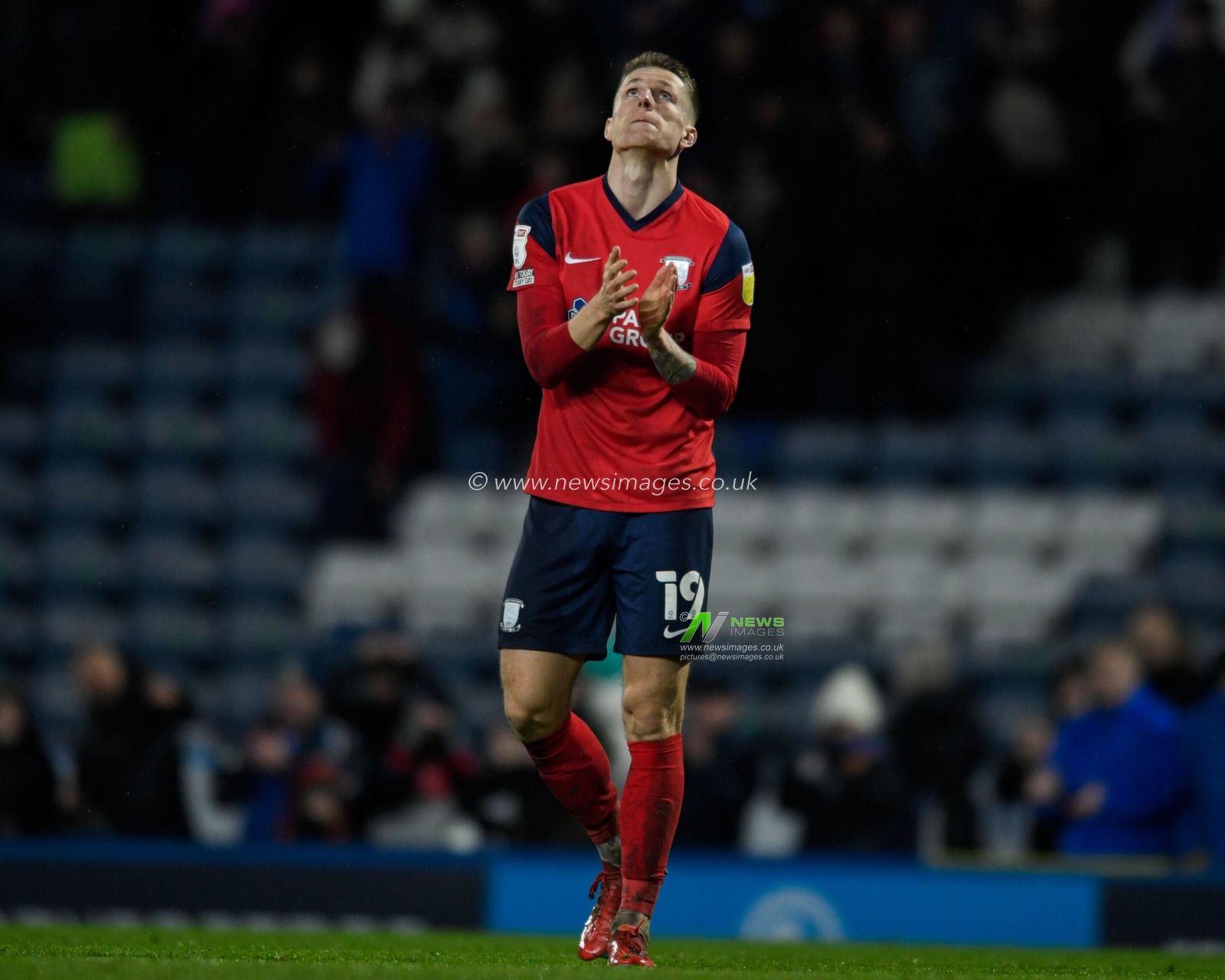 Emil Riis Jakobsen #19 of Preston North End looks up to the sky in frustration after his side lost 1-0 to Blackburn Rovers