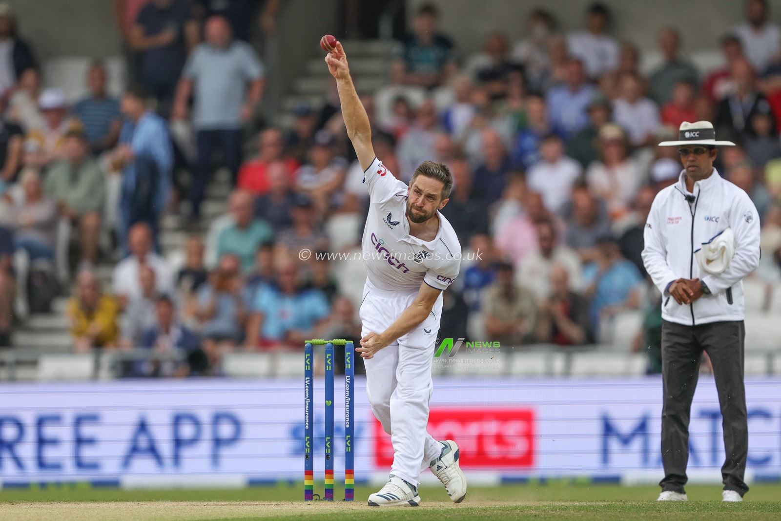 Chris Woakes of England delivers the first ball of the day at 16:45 during the LV= Insurance Ashes Third Test Series Day 3 England v Australia at Headingley Stadium, Leeds, United Kingdom, 8th July 2023

(Photo by Mark Cosgrove/News Images)