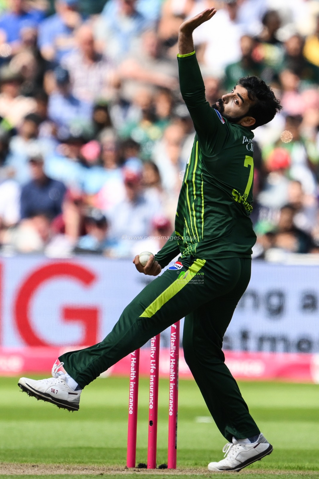 Shadab Khan of Pakistan delivers the ball during the Vitality T20 International Series match England vs Pakistan at Edgbaston, Birmingham, United Kingdom, 25th May 2024

(Photo by Craig Thomas/News Images)