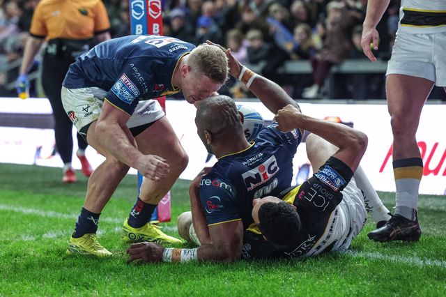 Maika Sivo of Leeds Rhinos celebrates his try on his home debut during the Betfred Super League Round 2 match Leeds Rhinos vs York Knights at AMT Headingley Stadium, Leeds, United Kingdom on 20 February 2026

(Photo by Mark Cosgrove/News Images)