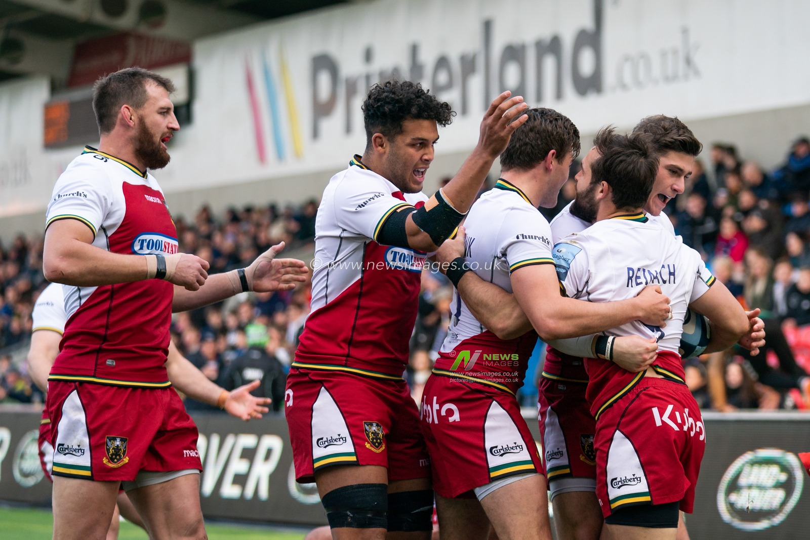 Northampton Saints Cobus Reinach celebrates scoring his sides first try

24th November 2018, AJ Bell Stadium , Sale, England; Gallagher Premiership, Sale v Northampton ; 

Credit: Terry Donnelly / News Images