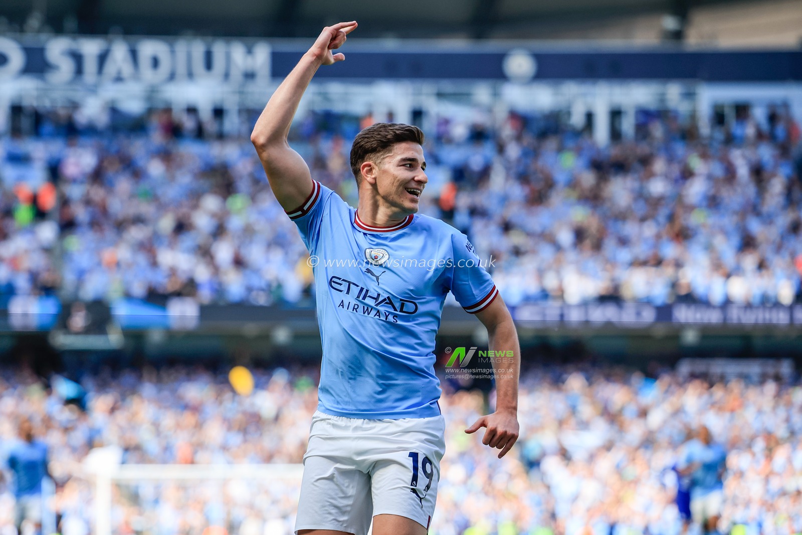 JuliÃ¡n Ãlvarez #19 of Manchester City celebrates his goal to make it 1-0 during the Premier League match Manchester City vs Chelsea at Etihad Stadium, Manchester, United Kingdom, 21st May 2023

(Photo by Conor Molloy/News Images)