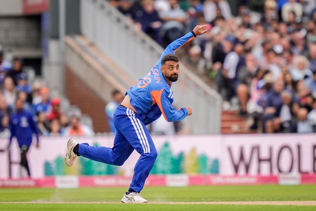 Varun Chakravarthy of India delivers the ball  during the Second Vitality T20 International match England vs India at Old Trafford, Manchester, United Kingdom on 04 July 2026

(Photo by Maynard Manyowa/News Images)