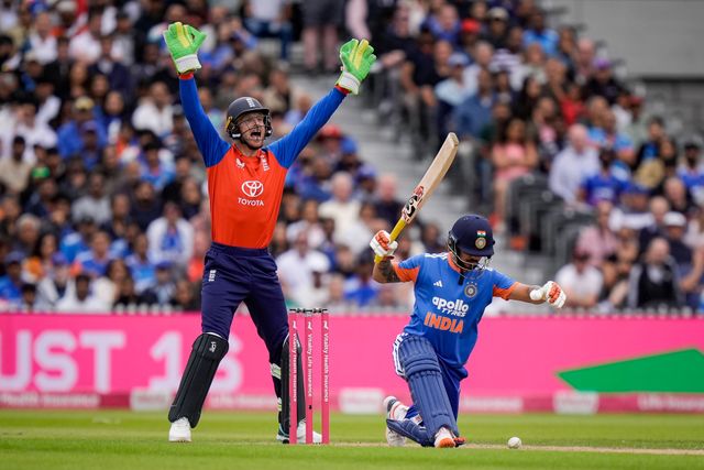 Jos Buttler of England appeals for LBW against Ishan Kishan of India  during the Second Vitality T20 International match England vs India at Old Trafford, Manchester, United Kingdom on 04 July 2026

(Photo by Maynard Manyowa/News Images)