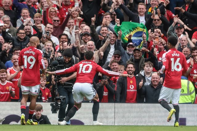Matheus Cunha of Manchester United celebrates his goal to make it 2-1 during the Premier League match Manchester United vs Nottingham Forest at Old Trafford, Manchester, United Kingdom on 17 May 2026

(Photo by Mark Cosgrove/News Images)