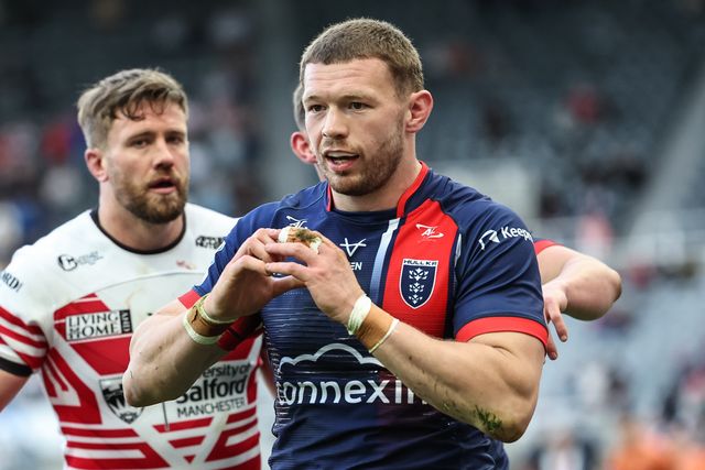James Batchelor of Hull KR celebrates his try during the Betfred Magic Weekend 2025 match Hull KR vs Salford Red Devils at St. James's Park, Newcastle, United Kingdom, 3rd May 2025

(Photo by Mark Cosgrove/News Images)