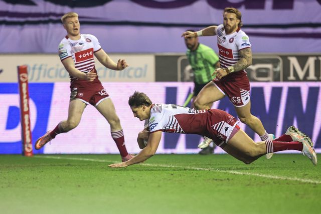 Sam Walters of Wigan Warriors goes over for a try during the Betfred Super League match Wigan Warriors vs Hull FC at The Brick Community Stadium, Wigan, United Kingdom on 21 February 2026

(Photo by Alfie Cosgrove/News Images)