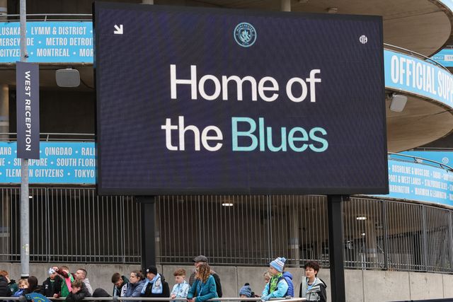 Home of the Blues on the LCD screen during the Emirates FA Cup Quarter-Final match Manchester City vs Liverpool at Etihad Stadium, Manchester, United Kingdom on 04 April 2026

(Photo by Mark Cosgrove/News Images)