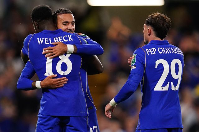 Danny Welbeck of Chelsea celebrates goal with Malo Gusto of Chelsea during the Carabao Cup round 2 match Chelsea vs Luton Town at Stamford Bridge, London, United Kingdom on 27 August 2026

(Photo by Harvey Murphy/News Images)