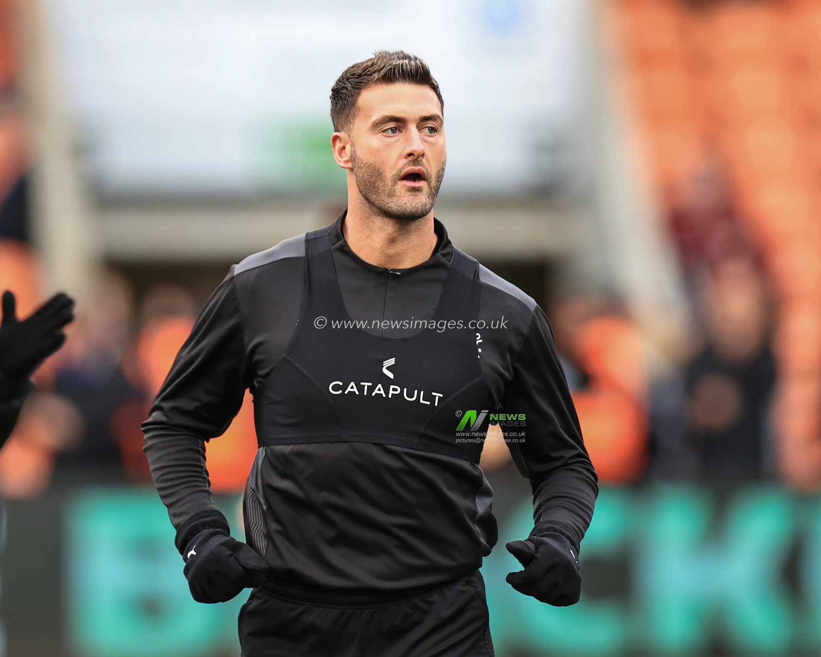 Gary Madine #14 of Blackpool during the pre-game warmup