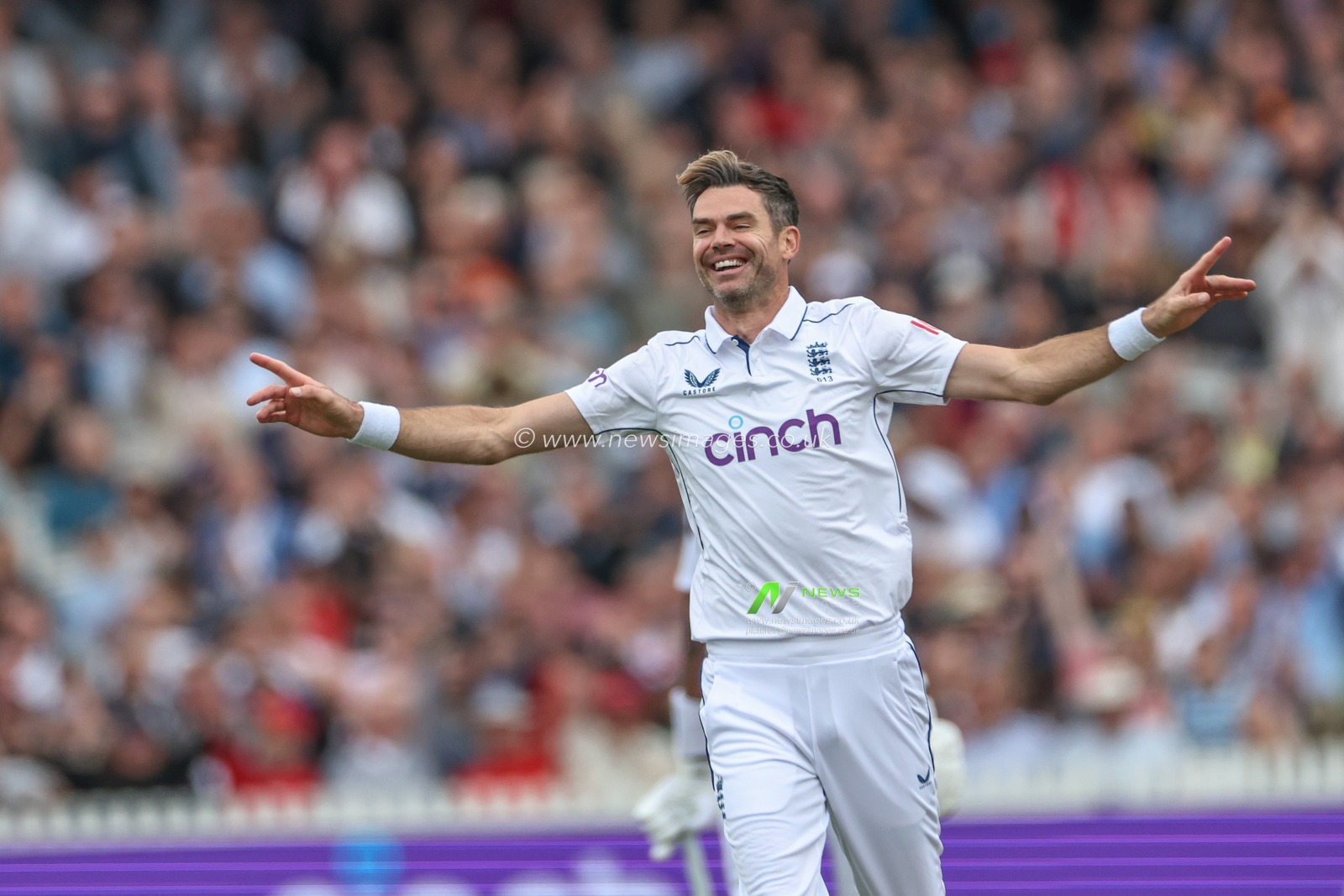 James Anderson of England celebrates the wicket of Joshua Da Silva of West Indies during the Rothesay First Test Match Day Three England v West Indies at Lords, London, United Kingdom, 12th July 2024

(Photo by Mark Cosgrove/News Images)