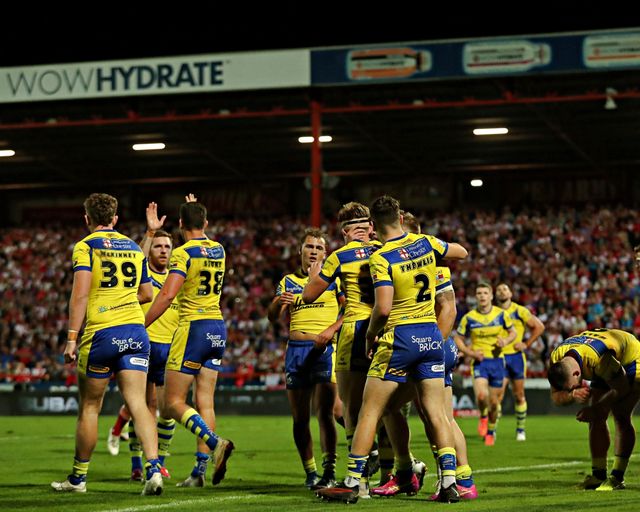 Sam Stone of Warrington Wolves celebrates his try during the Betfred Super League round 27 match Hull KR vs Warrington Wolves at Sewell Group Craven Park, Kingston upon Hull, United Kingdom, 18th September 2025

(Photo by Sam Eaden/News Images)
