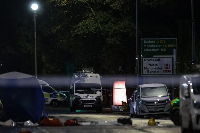 Forensic tents are still in place and emergency kit strewn across the road during the Manchester synagogue terror attack day 2 at Heaton Park Shul, Manchester, United Kingdom, 3rd October 2025

(Photo by Mark Cosgrove/News Images)