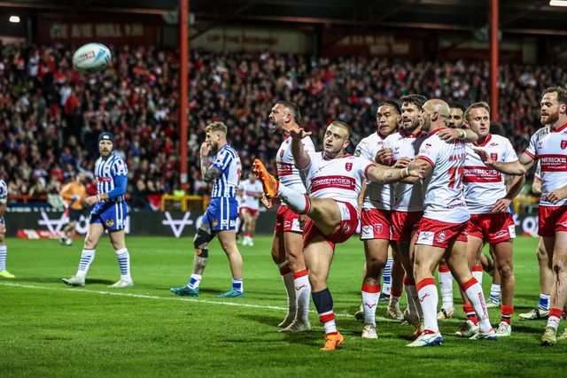 Mikey Lewis of Hull KR celebrates his try making the score 8-0 during the Betfred Super League round 6 match Hull KR vs St Helens at Sewell Group Craven Park, Hull, United Kingdom on 27 March 2026

(Photo by Alfie Cosgrove/News Images)