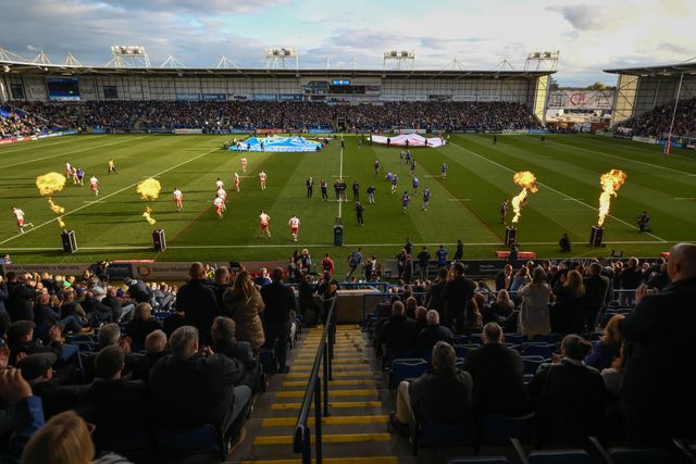Team come out onto the pitch ahead of the Betfred Super League play-off Eliminator 2 Warrington Wolves v St Helens at Halliwell Jones Stadium, Warrington, United Kingdom, 28th September 2024

(Photo by Craig Thomas/News Images)