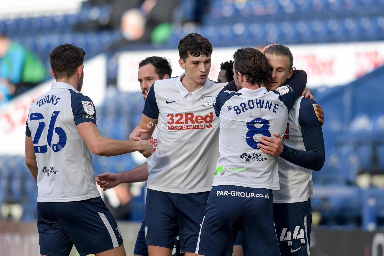 Brad Potts #44 of Preston North End celebrates scoring a goal with his team mates to make it 1-0