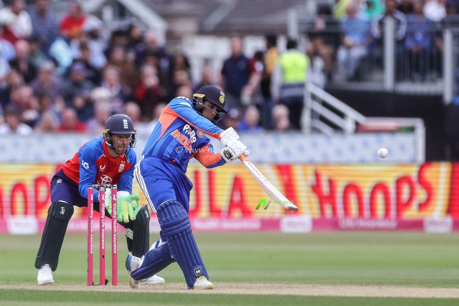 Abhishek Sharma of India hits a six during the First Vitality T20 International match England vs India at Banks Homes Riverside Stadium, Chester-le-street, United Kingdom on 01 July 2026

(Photo by Mark Cosgrove/News Images)