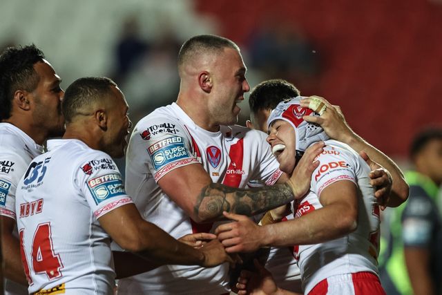George Whitby of St. Helens celebrates his hat-trick of tries during the Betfred Super League Round 11 match St Helens vs Catalans Dragons at Totally Wicked Stadium, St Helens, United Kingdom, 15th May 2025

(Photo by Mark Cosgrove/News Images)