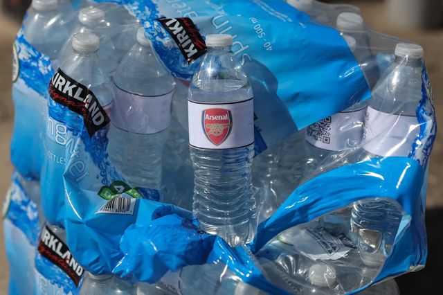Arsenal bottled water on sale outside the Etihad Stadium during the Premier League match Manchester City vs Arsenal at Etihad Stadium, Manchester, United Kingdom on 19 April 2026

(Photo by Mark Cosgrove/News Images)