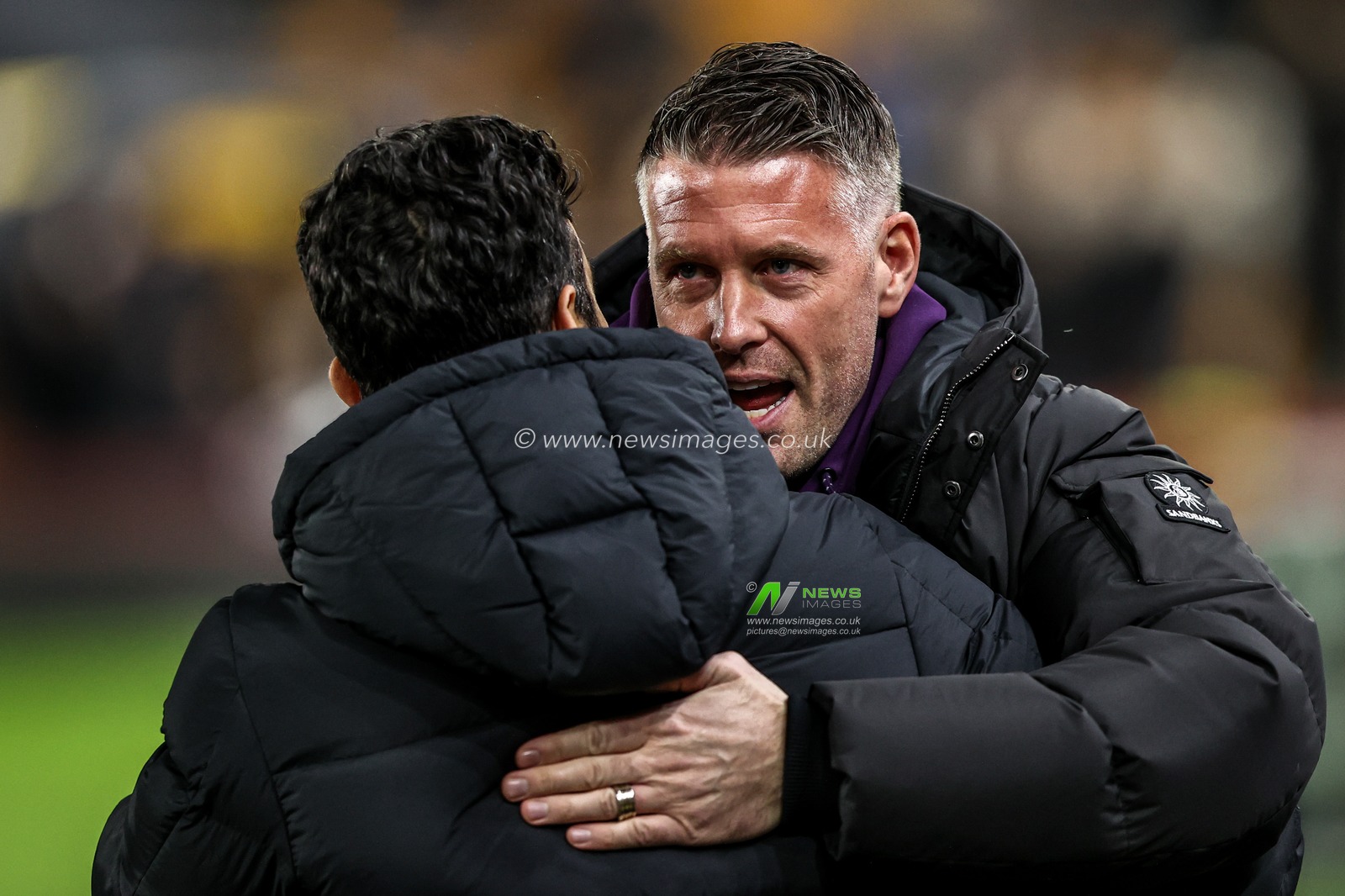 Rob Edwards manager of Wolverhampton Wanderers embraces Ruben Amorim manager of Manchester United during the Premier League match Wolverhampton Wanderers vs Manchester United at Molineux, Wolverhampton, United Kingdom, 8th December 2025

(Photo by Alfie Cosgrove/News Images)

*** GER AUT SUI OUT ***