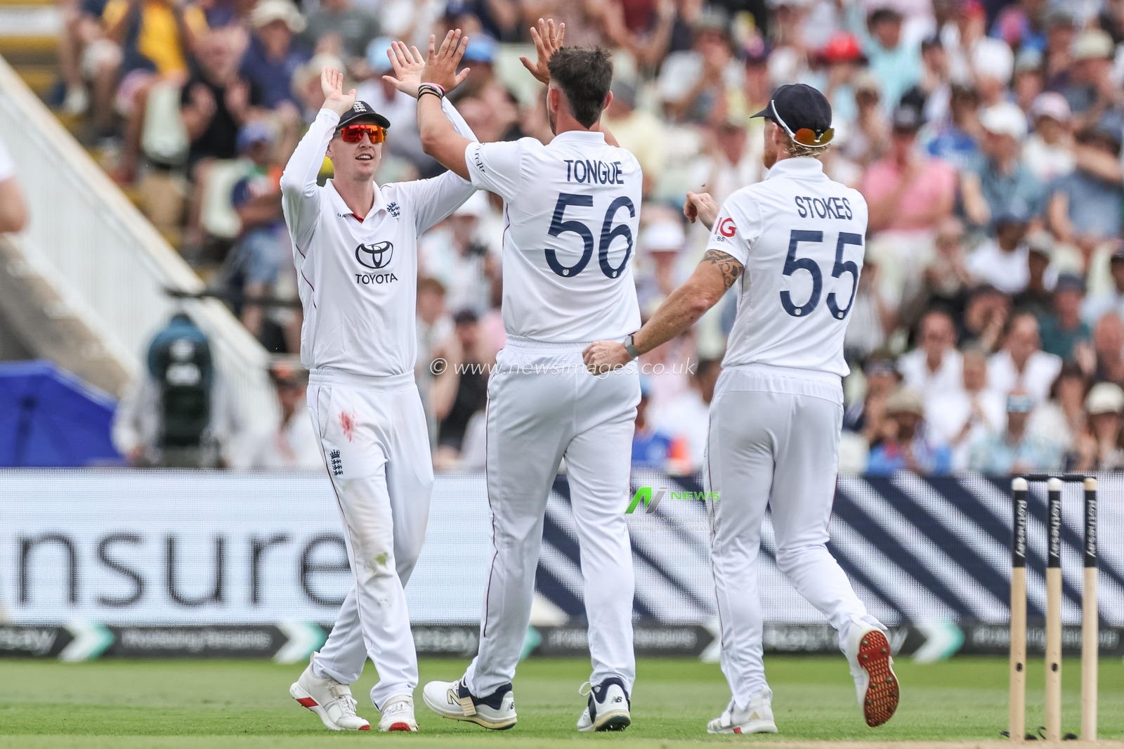 Josh Tongue of England celebrates the wicket of Ravindra Jadeja of India with team mates during the 2nd Rothesay Test Match Day 1 England vs India at Edgbaston, Birmingham, United Kingdom, 2nd July 2025

(Photo by Mark Cosgrove/News Images)