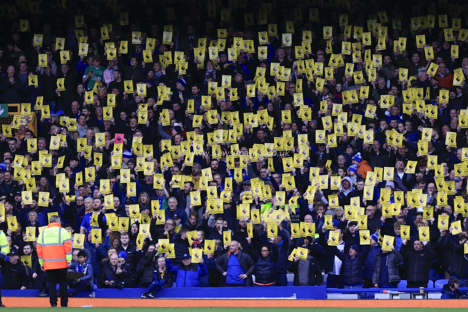 Everton fans hold up protest cards ahead of the Premier League match Everton vs Tottenham Hotspur at Goodison Park, Liverpool, United Kingdom, 3rd February 2024

(Photo by Conor Molloy/News Images)