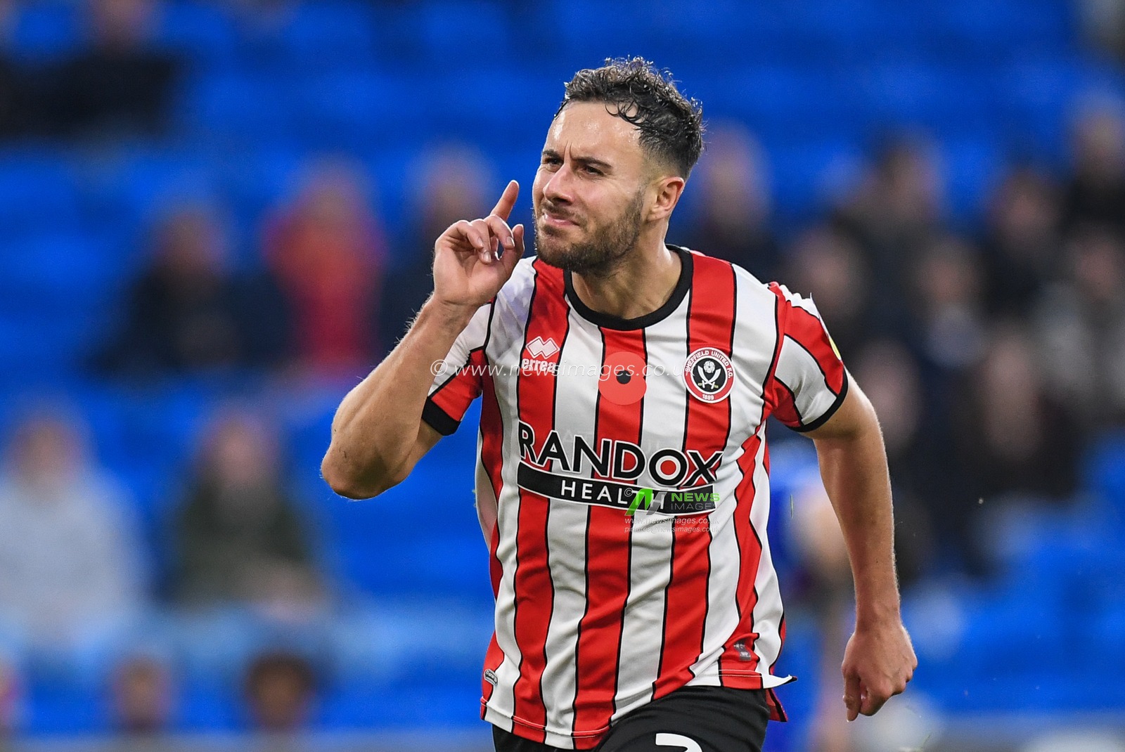 George Baldock #2 of Sheffield United scores to make it 0-1 and celebrates his goal during the Sky Bet Championship match Cardiff City vs Sheffield United at Cardiff City Stadium, Cardiff, United Kingdom, 12th November 2022

(Photo by Mike Jones/News Images)