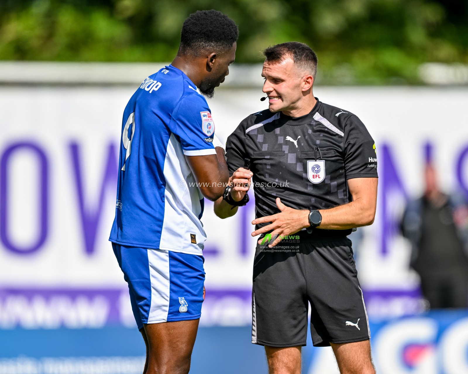 Referee Ben Speedie speaks with Mike Fondop of Oldham Athletic for handballing a goal during the Sky Bet League 2 match Fleetwood Town vs Oldham Athletic at Highbury Stadium, Fleetwood, United Kingdom, 23rd August 2025

(Photo by Adam Gee/News Images)