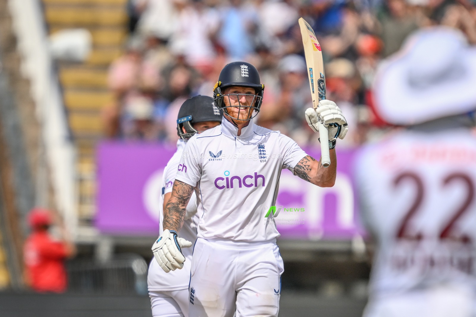 Ben Stokes of England celebrates Englands fastest ever test match half century (50 runs) during the 3rd Rothesay Test Match Day 3 England vs West Indies at Edgbaston, Birmingham, United Kingdom, 28th July 2024

(Photo by Craig Thomas/News Images)