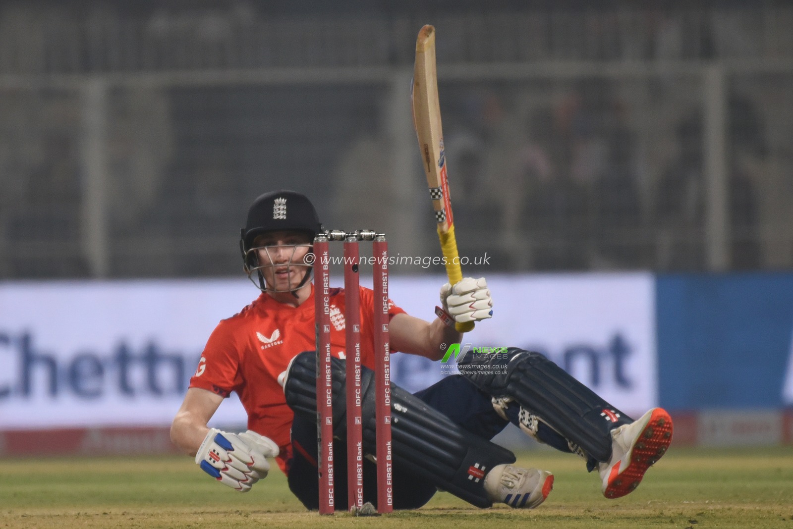 England's Harry Brook falls on the ground in an attempt to play a shot on a delivery by India's Hardik Pandya during the first T20 cricket match between India and England at Eden Gardens in Kolkata, India, Wednesday, Jan. 22, 2025.Pictures by Debajyoti Chakraborty.(Photo: Debajyoti Chakraborty/News Images)