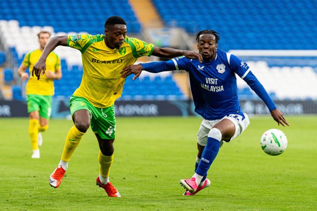 Anthony Musaba of Norwich City and Ronan Kpakio of Cardiff City dual for the ball during the Carabao Cup round 2 match Cardiff City vs Norwich City at Cardiff City Stadium, Cardiff, United Kingdom on 25 August 2026

(Photo by Andrew Lewis/News Images)
