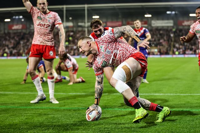 Josh Charley of Leigh Leopards goes over for a try making it 16-0 during the Betfred Super League play-off Eliminator 1 match Leigh Leopards vs Wakefield Trinity at Progress With Unity Stadium, Leigh, United Kingdom, 26th September 2025

(Photo by Alfie Cosgrove/News Images)