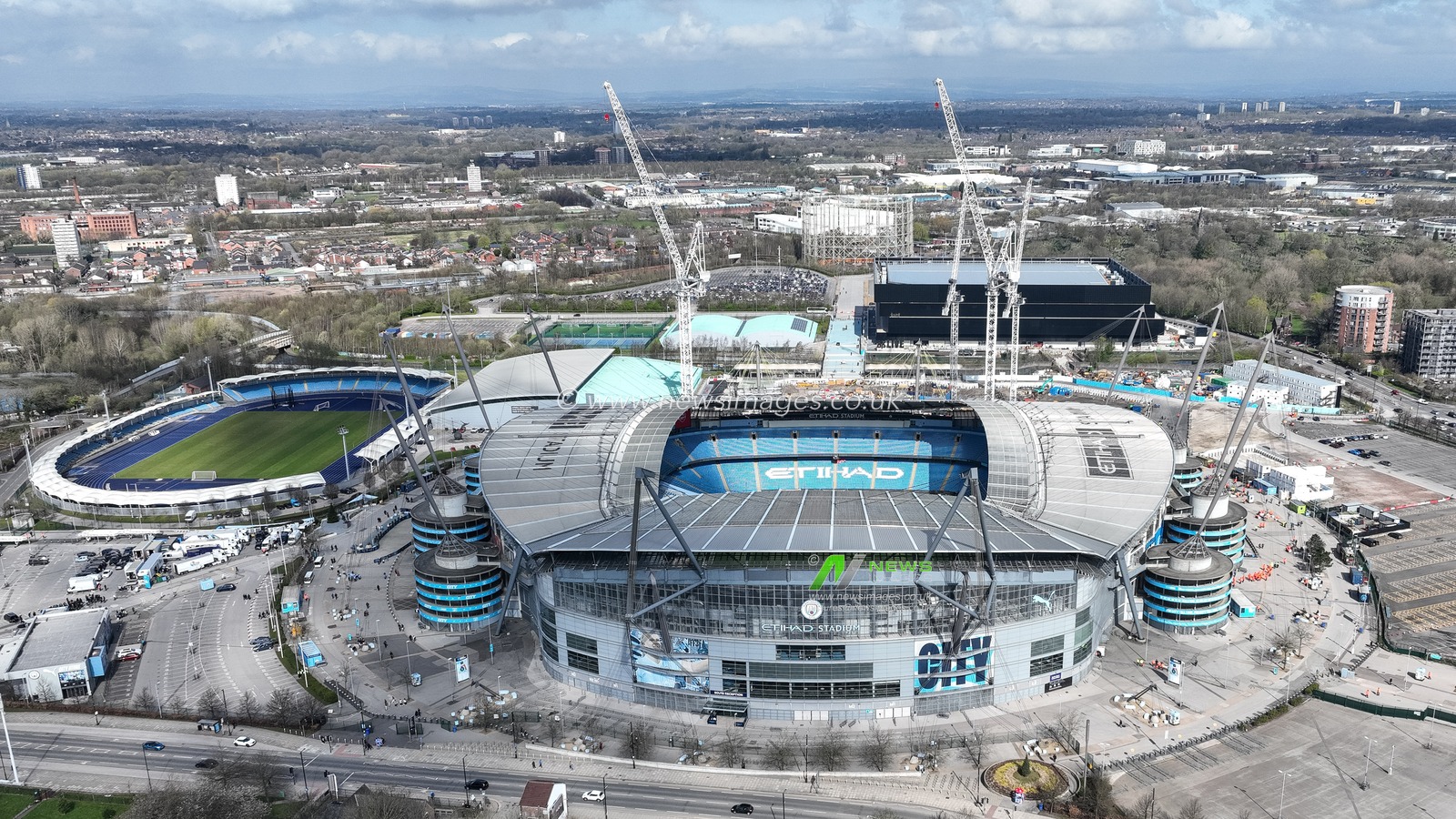 An aerial view of the Etihad Stadium ahead of the Premier League match Manchester City vs Arsenal at Etihad Stadium, Manchester, United Kingdom, 31st March 2024

(Photo by Mark Cosgrove/News Images)